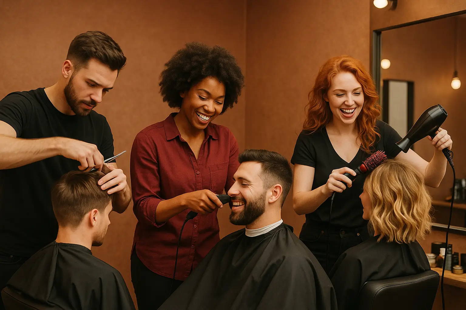 Мастера парикмахерского искусства работают с инструментами.